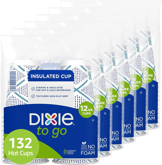 Dixie To Go Paper Coffee Cups, 12 oz, 132 Count, Insulated Disposable Cups