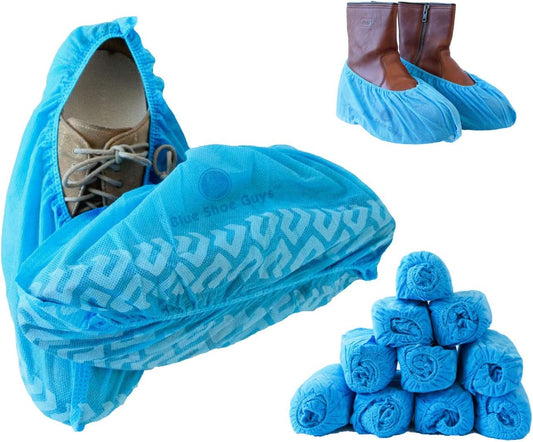 Blue Shoe Guys Premium Disposable Boot & Shoe Covers Booties | 100 Pack | Durable, Non-Slip, Non-Toxic, Water Resistant, Recyclable Protectors for Indoor & Outdoor | Large Size Fits Most Shoes
