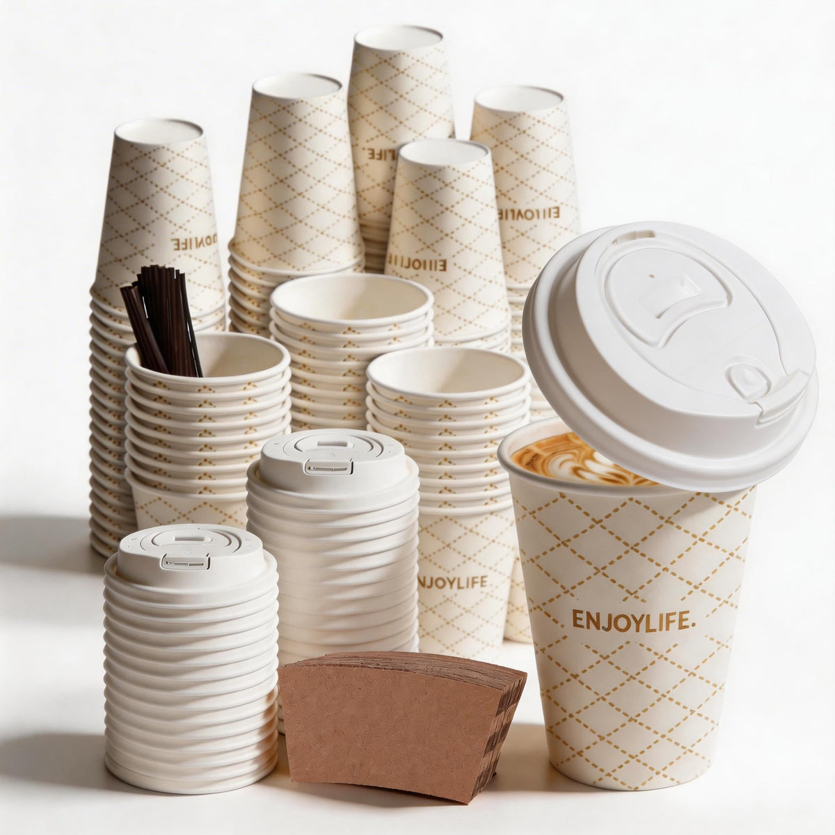 12 oz Disposable Coffee Cups with Lids, Sleeves and Stirrers 100 Pack, Hot Cups with Lids, Leak-Proof To Go Cups for Hot Chocolate, Cocoa, Office, Coffee Bar Accessories