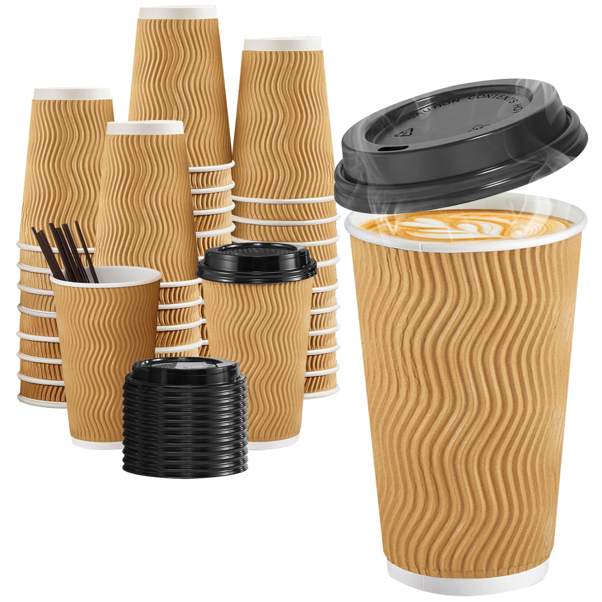 SIUQ 12 oz Coffee Cups-90 Pack Disposable Coffee Cups with Lids and Straws
