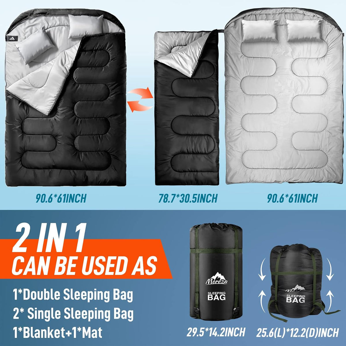 MEREZA Double Sleeping Bag for Adults Mens with Pillow, XL Queen Size Two Person Sleeping Bag for All Season Camping Hiking Backpacking 2 Person Sleeping Bags for Cold Weather & Warm