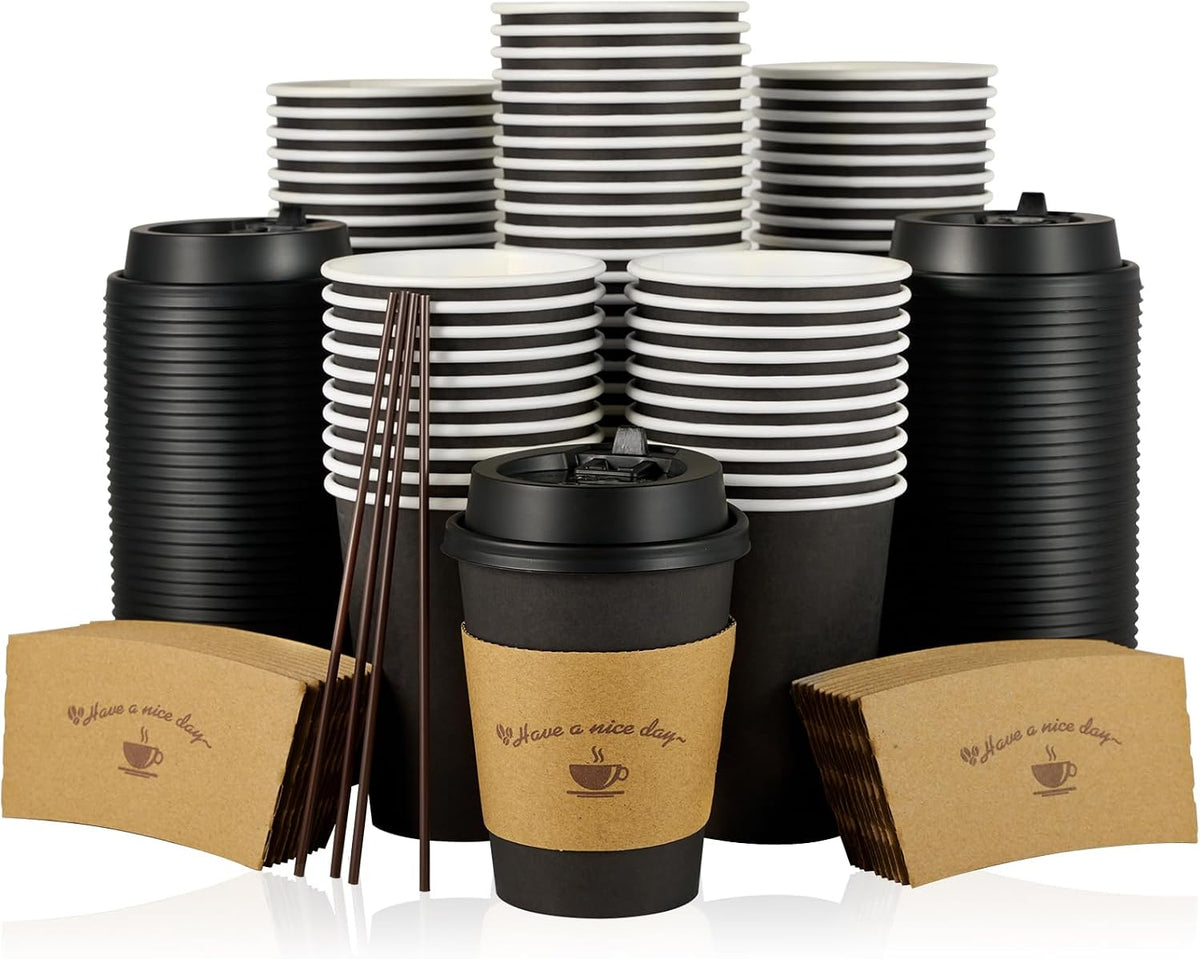 LITOPAK 100 Pack 12 oz Coffee Cups with Lids, Disposable Coffee Cups