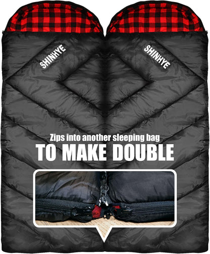 ShinHye 0 Degree Sleeping Bag for Adults - Cotton Flannel 4 Season Cold Weather Winter, XXL Big and Tall Camping Sleeping Bag with Compression Sack