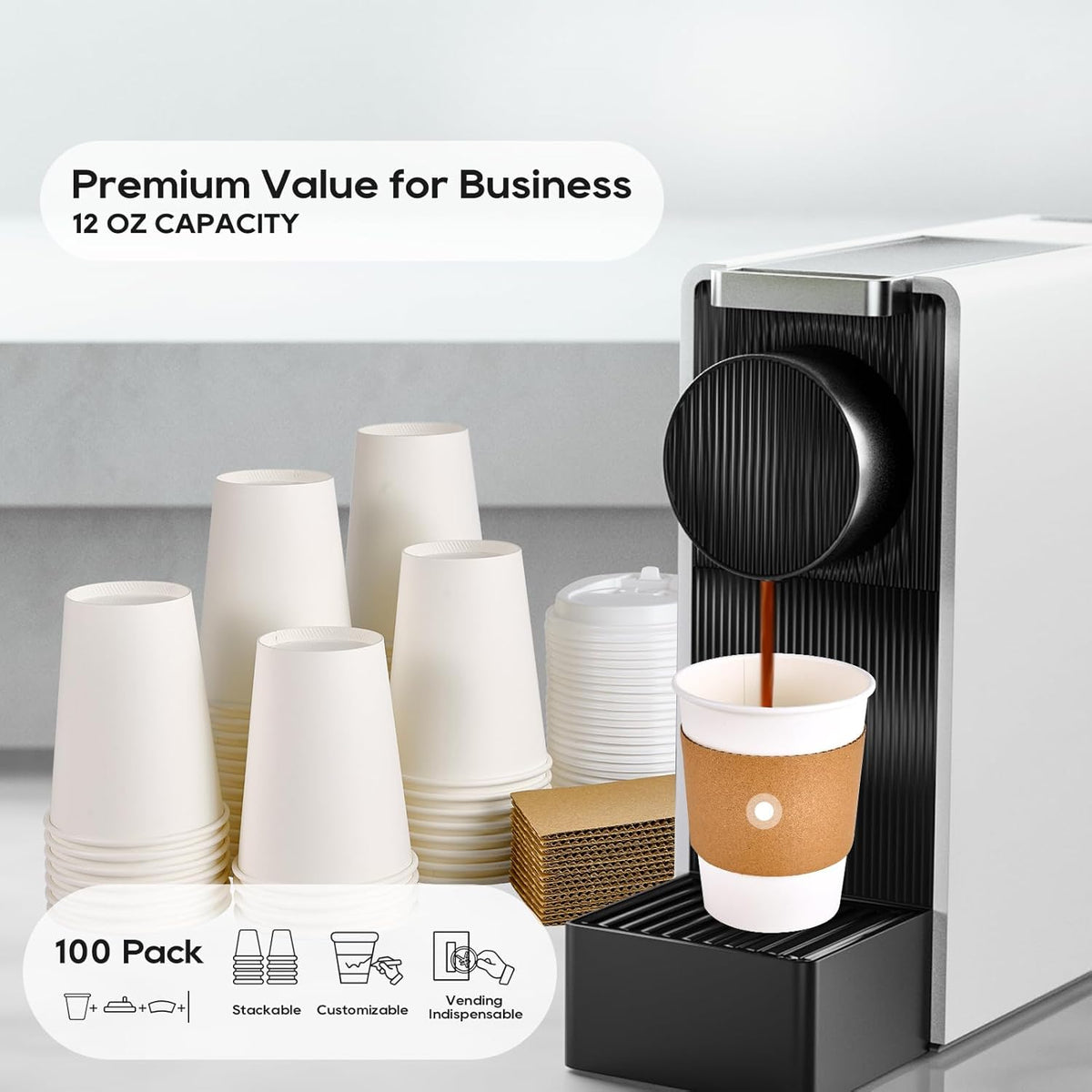 JOLLY PARTY 100 Pack 12 oz Disposable Paper Coffee Cups with Lids & Sleeves