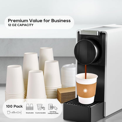 JOLLY PARTY 100 Pack 12 oz Disposable Paper Coffee Cups with Lids & Sleeves