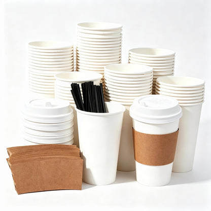 12 oz Disposable Coffee Cups with Lids, Sleeves and Stirrers 100 Pack, Hot Cups with Lids, Leak-Proof To Go Cups for Hot Chocolate, Cocoa, Office, Coffee Bar Accessories