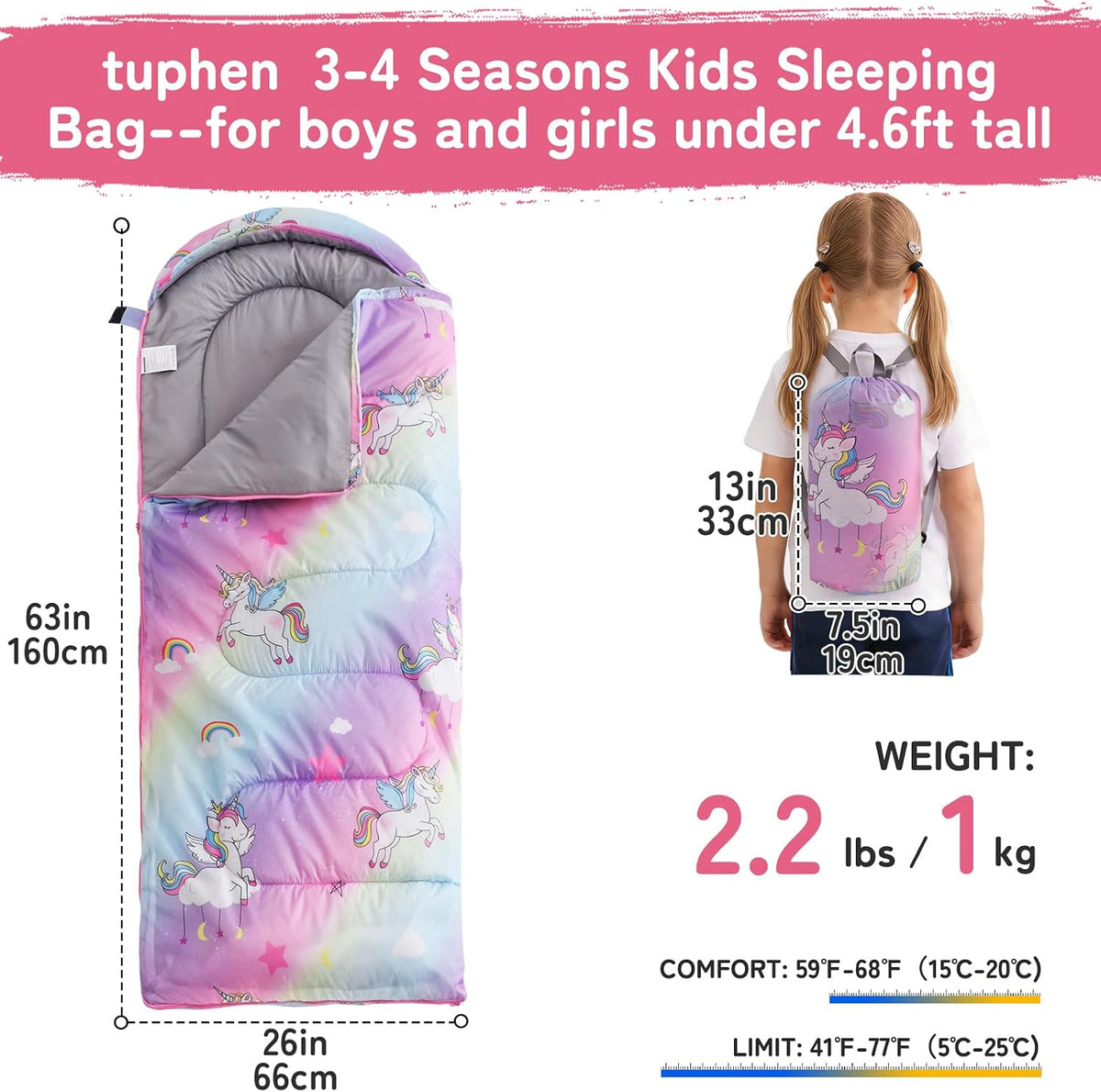 tuphen Kids Sleeping Bag - 50-77℉ 3-Season Waterproof Sleeping Bag for Boys & Girls, Lightweight 2.2 lbs Camping Gear with Compression Bag Ideal for Camping, Hiking, Indoor