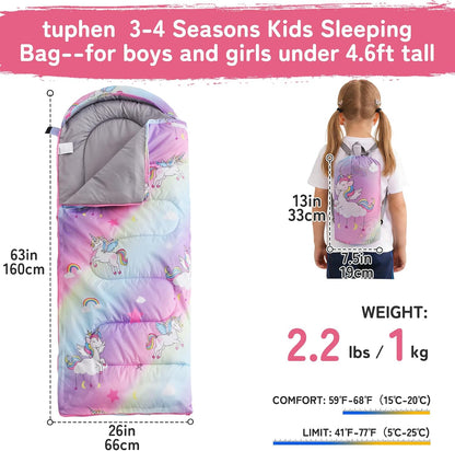 tuphen Kids Sleeping Bag - 50-77℉ 3-Season Waterproof Sleeping Bag for Boys & Girls, Lightweight 2.2 lbs Camping Gear with Compression Bag Ideal for Camping, Hiking, Indoor
