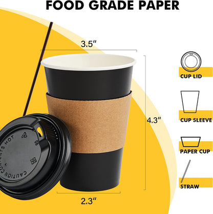 RACETOP Coffee Cups with Lids 12 oz 100 Pack, Black Cups with Sleeves