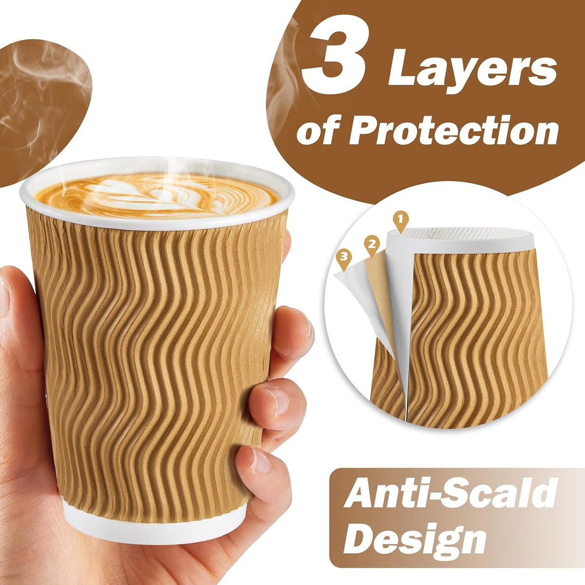 SIUQ 150 Pack 12 oz Disposable Coffee Cups, Insulated Corrugated Paper Cups