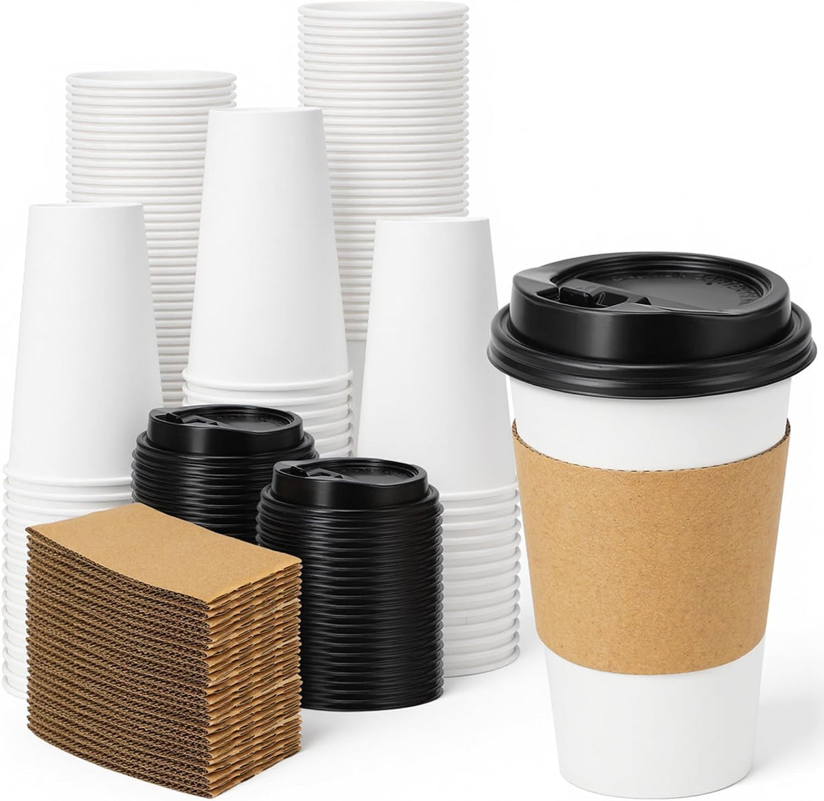 Lamosi 100 Pack 16 oz Disposable Coffee Cups With Lids and Sleeves