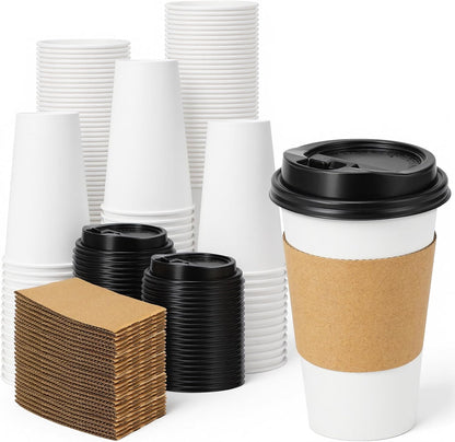 Lamosi 100 Pack 16 oz Disposable Coffee Cups With Lids and Sleeves
