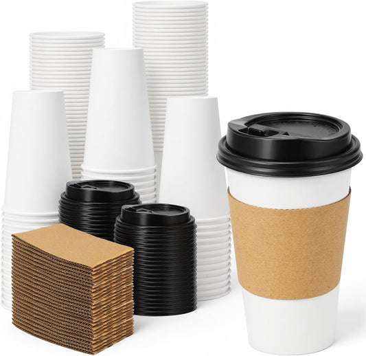 Lamosi 100 Pack 16 oz Disposable Coffee Cups With Lids and Sleeves