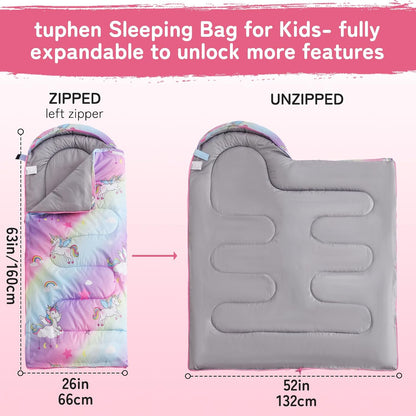 tuphen Kids Sleeping Bag - 50-77℉ 3-Season Waterproof Sleeping Bag for Boys & Girls, Lightweight 2.2 lbs Camping Gear with Compression Bag Ideal for Camping, Hiking, Indoor