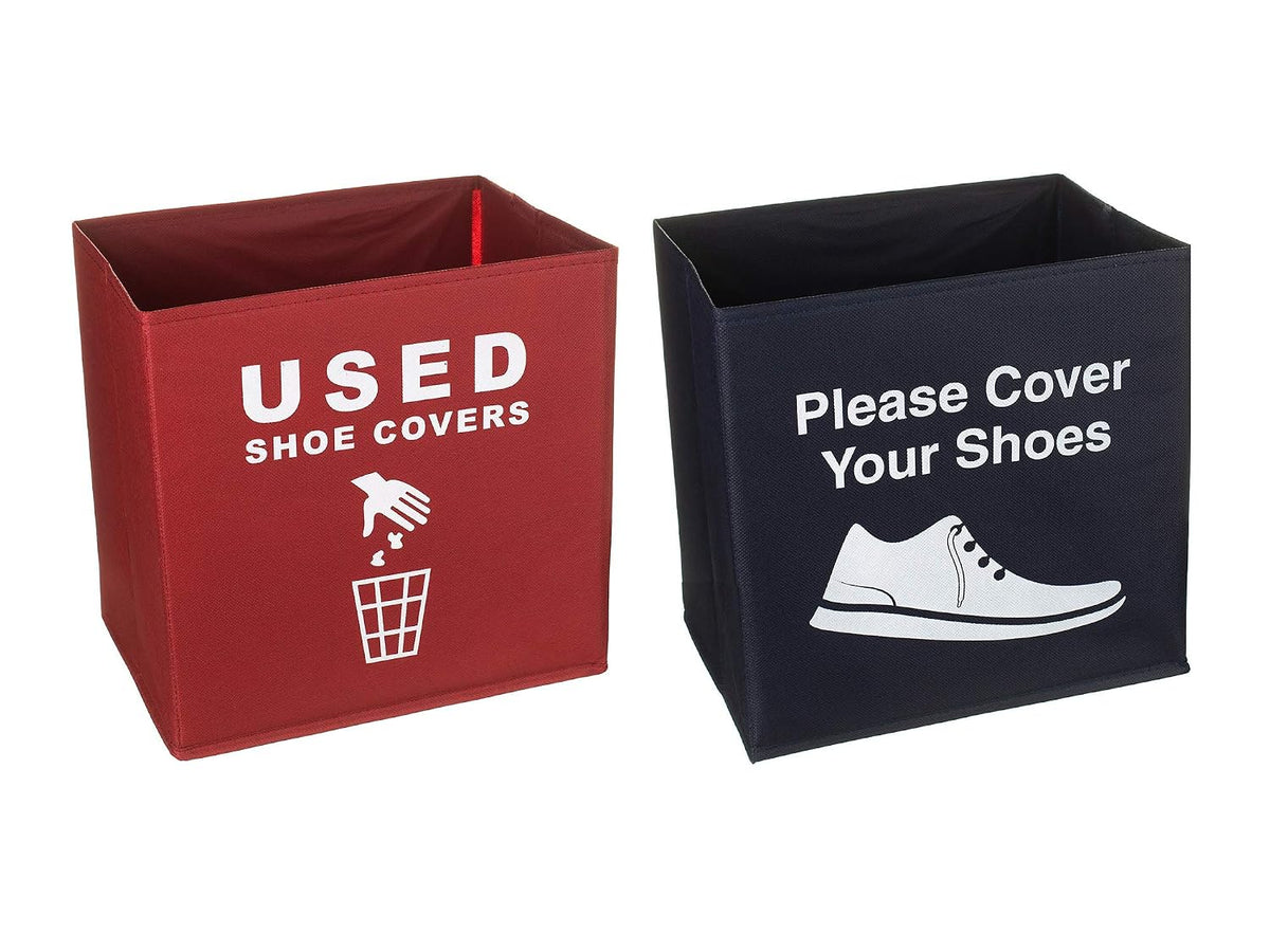 2 Pack Shoe Cover Boxes for Realtor, Home, Office. Blue and Red Foldable Boxes Come as a Set with Please Cover Your Shoes and Used Shoe Covers Sign for Disposable Booties