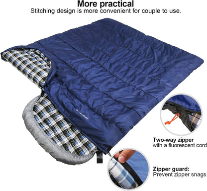 REDCAMP Flannel Sleeping Bag for Adults, Comfortable Cotton Envelope Sleeping Bags for Camping, Backpacking, Hiking, with Detachable Hood&Compression Sack, Blue/Red/Grey/Black