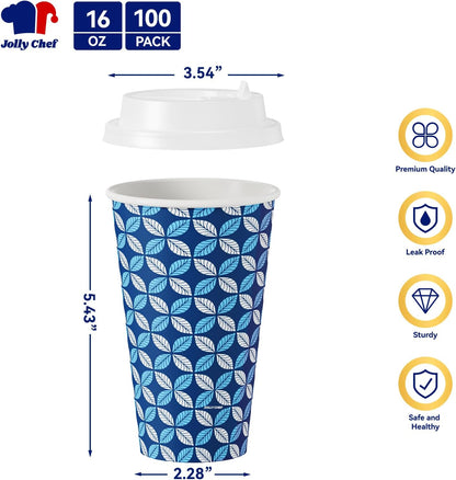 JOLLY CHEF 16 oz Paper Coffee Cups with Lids 100 Pack Disposable Hot Cups