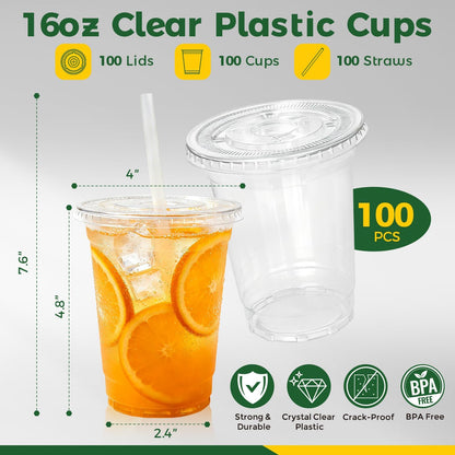 Charmount 100 Sets 16 oz Plastic Cups with Lids and Straws