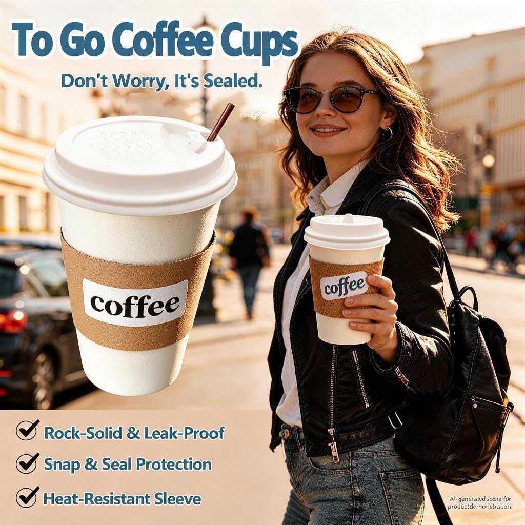 12 oz Disposable Coffee Cups with Lids, Sleeves and Stirrers 100 Pack, Hot Cups with Lids, Leak-Proof To Go Cups for Hot Chocolate, Cocoa, Office, Coffee Bar Accessories