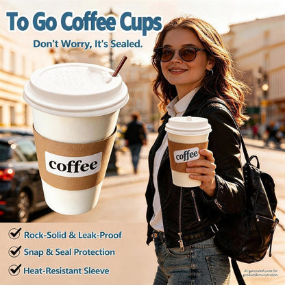 12 oz Disposable Coffee Cups with Lids, Sleeves and Stirrers 100 Pack, Hot Cups with Lids, Leak-Proof To Go Cups for Hot Chocolate, Cocoa, Office, Coffee Bar Accessories