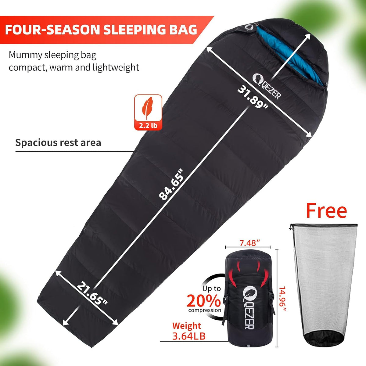 Down Mummy Sleeping Bag for Adults, 600 Fill Power Backpacking