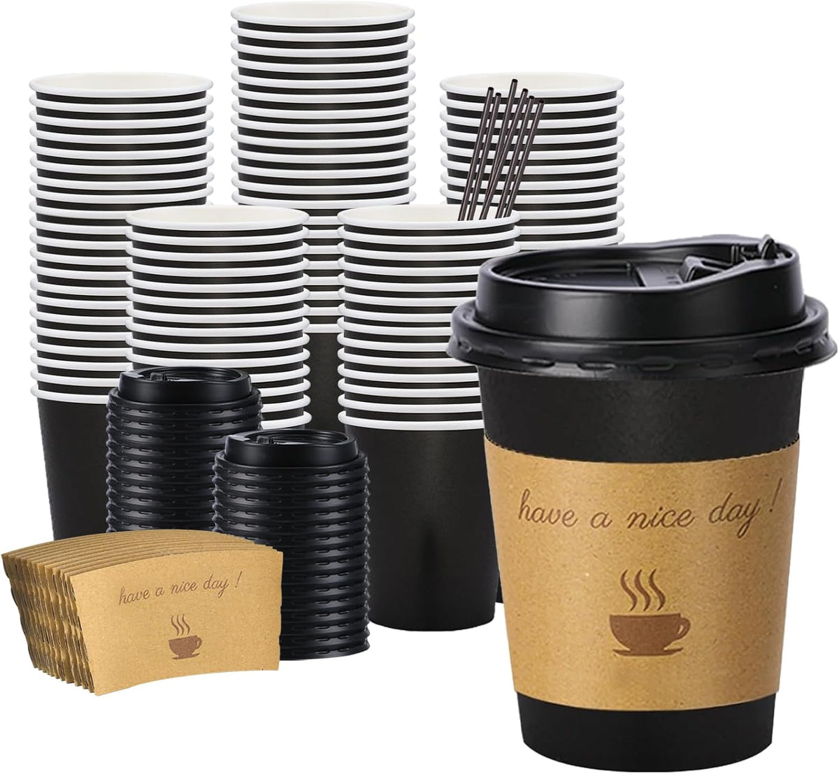 BYSNOW 100 pack 12 oz Disposable Coffee Cups with Lids Thickened Hot Cups