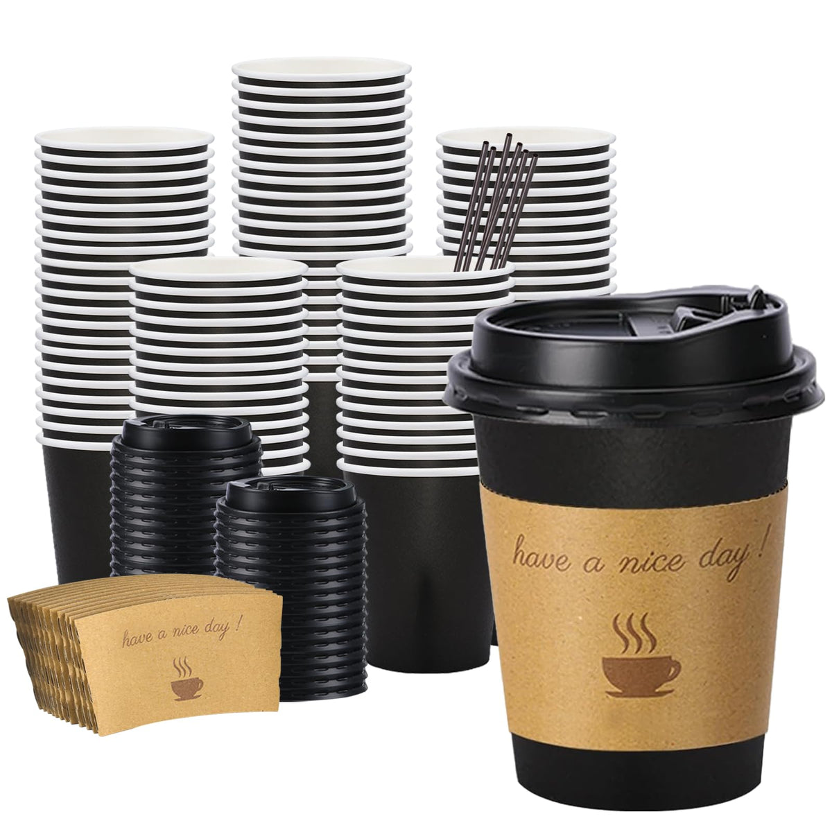BYSNOW 100 pack 12 oz Disposable Coffee Cups with Lids Thickened Hot Cups