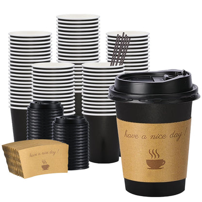 BYSNOW 100 pack 12 oz Disposable Coffee Cups with Lids Thickened Hot Cups