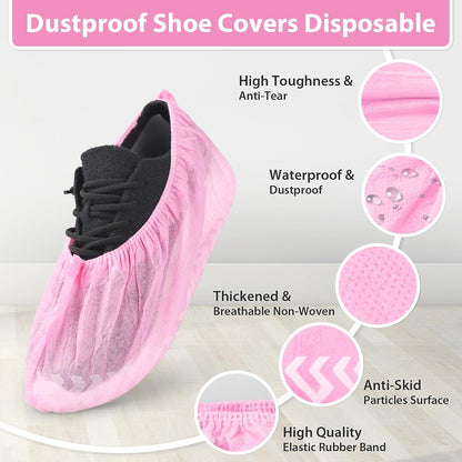 Sfee 100 Pack Shoe Covers-Disposable Shoe Covers for Indoors, Non Slip, Durable, Recyclable Non Woven Booties Shoes Cover for Workplace, Office, Home Floor Carpet Protection, One Size Fits All (Pink)