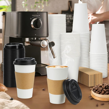 Lamosi 100 Pack 16 oz Disposable Coffee Cups With Lids and Sleeves