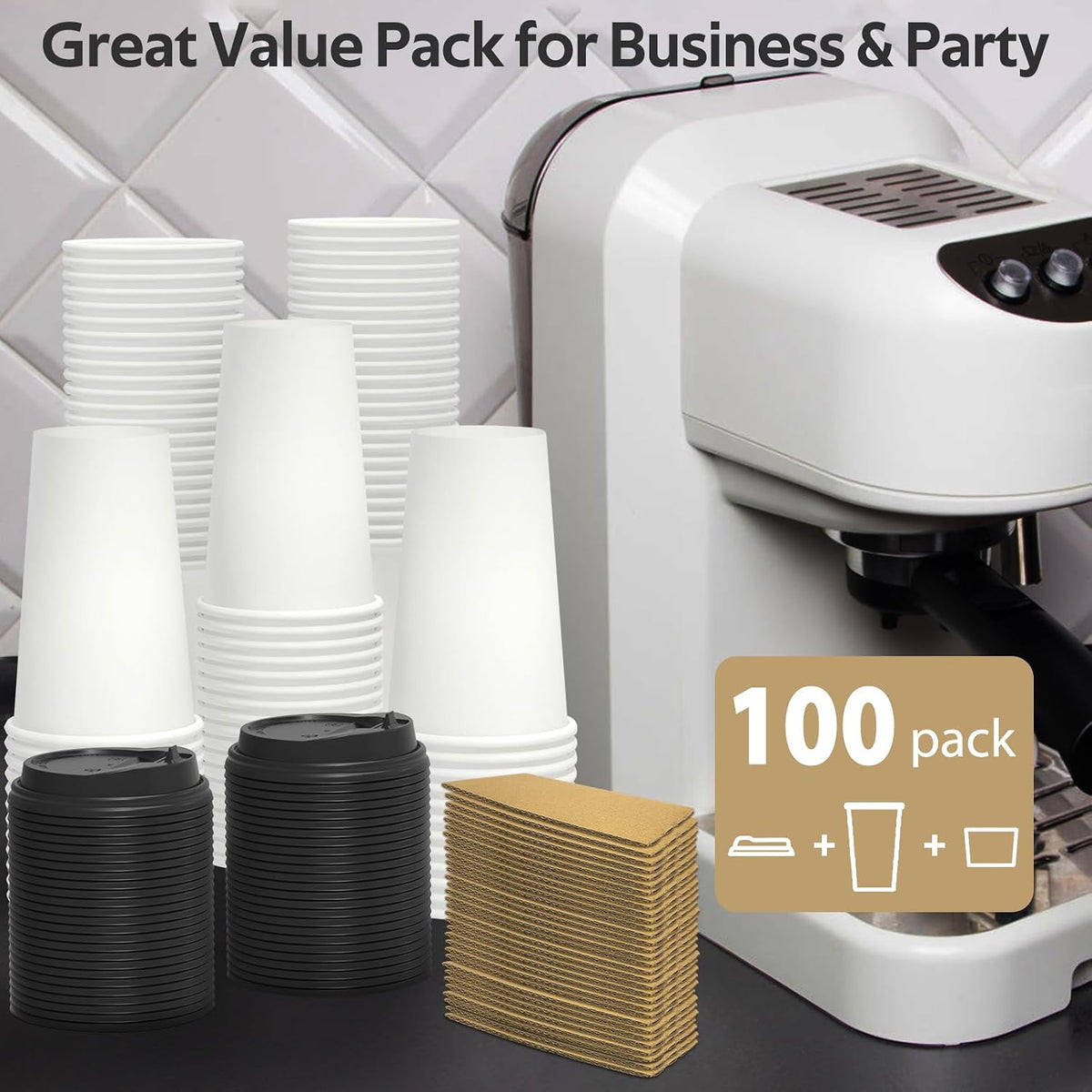 Dealusy 100 Pack 16 oz Disposable Coffee Cups with Lids and Sleeves