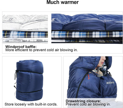 REDCAMP Flannel Sleeping Bag for Adults, Comfortable Cotton Envelope Sleeping Bags for Camping, Backpacking, Hiking, with Detachable Hood&Compression Sack, Blue/Red/Grey/Black
