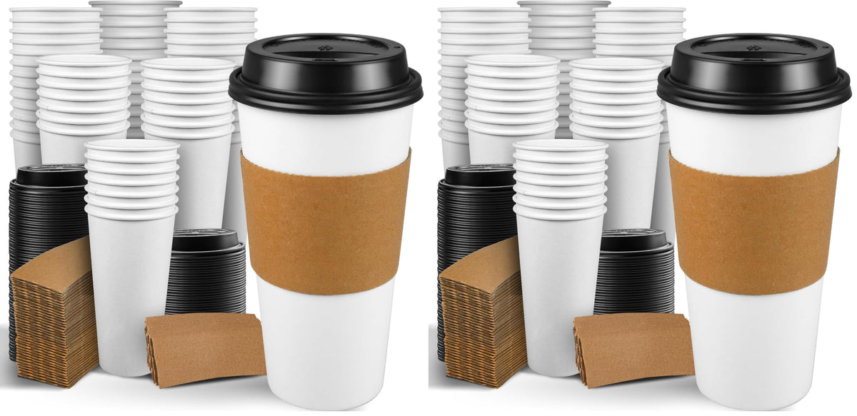 Ginkgo 100 Pack 16 oz Disposable Coffee Cups with Lids and Sleeves