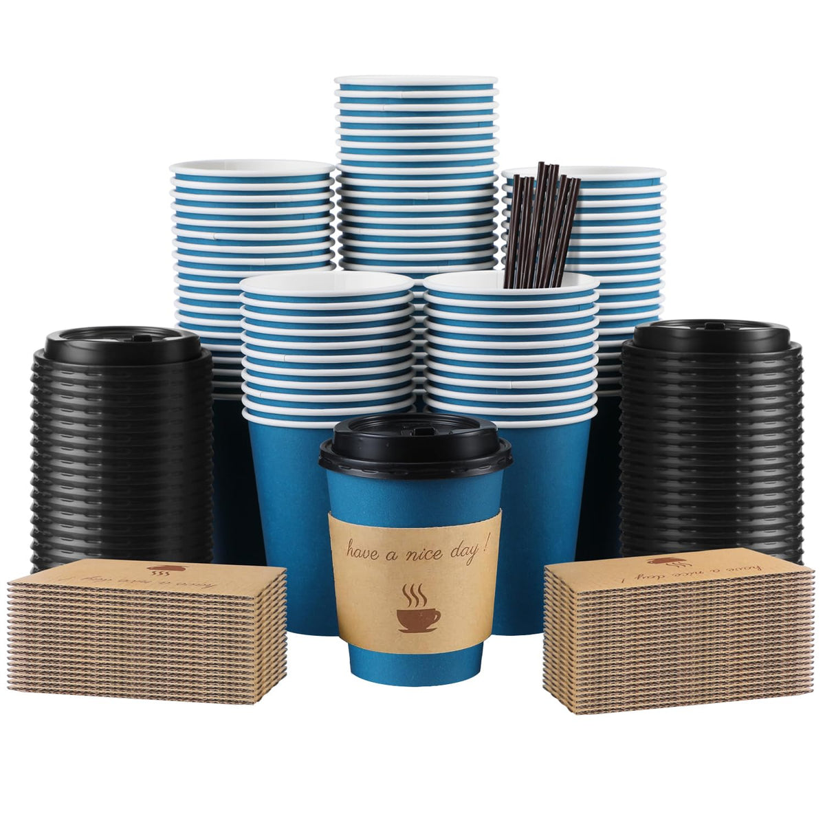 Clawsoff 100 Pack 16 oz Disposable Paper Coffee Cups with Lids(Black)