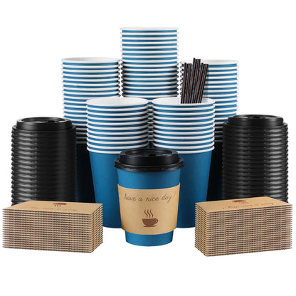 Clawsoff 100 Pack 16 oz Disposable Paper Coffee Cups with Lids(Black)