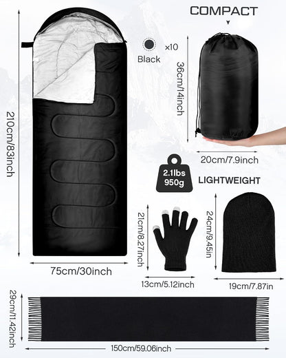 Tranqun 40 Pcs Sleeping Bags for Adult Bulk with Winter Beanie Hat Touch Screen Gloves Scarves, Waterproof Cotton Liner Cold Weather Sleeping Bag for Homeless Camping Indoor Outdoor