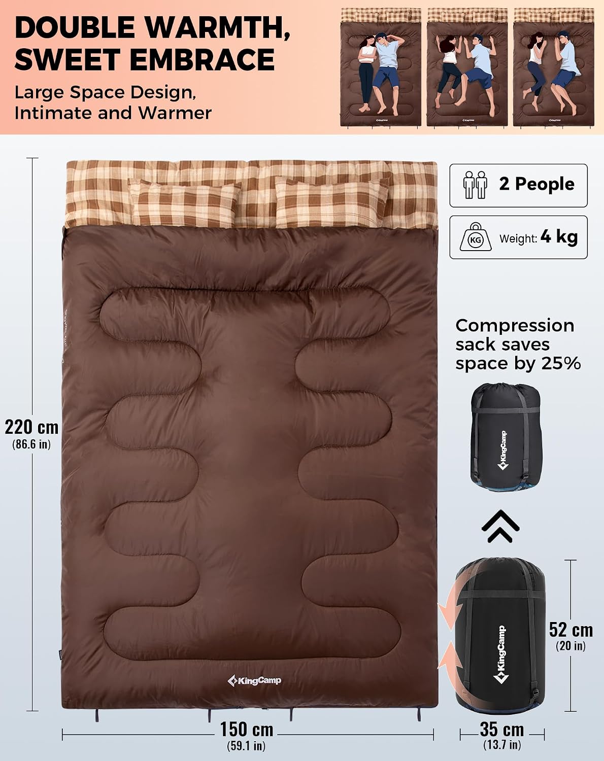 KingCamp Double Sleeping Bag for Adults, Queen Size 2 Person Sleeping Bag