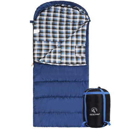 REDCAMP Flannel Sleeping Bag for Adults, Comfortable Cotton Envelope Sleeping Bags for Camping, Backpacking, Hiking, with Detachable Hood&Compression Sack, Blue/Red/Grey/Black