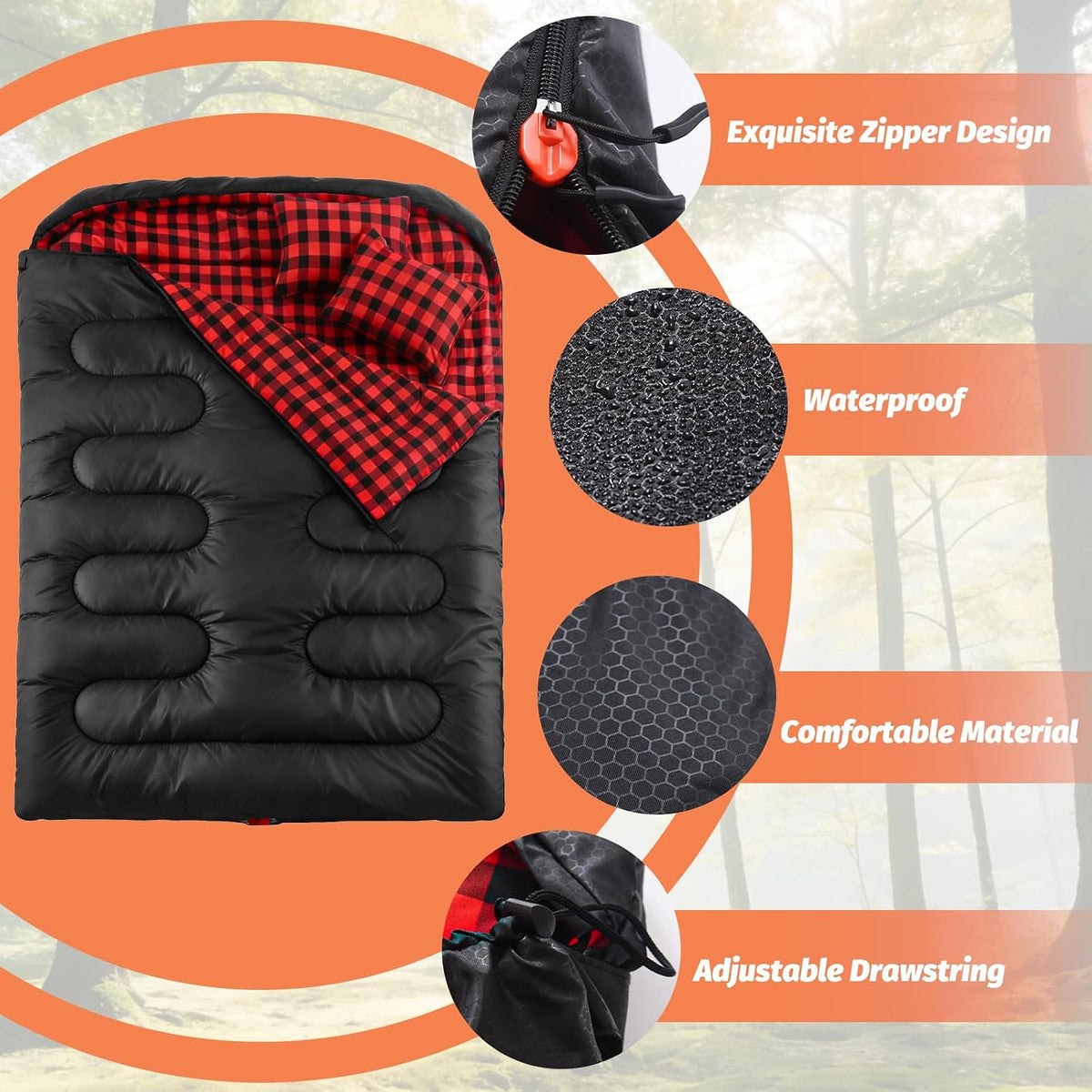 Swtmerry Double Sleeping Bag for Adults with 2 Pillows, Big&Tall XL Queen Size Sleeping Bag for 2 Person, Waterproof 2 Person Sleeping Bags for 3 Seasons,Cold Weather&Warm,Camping,Hiking & Backpacking