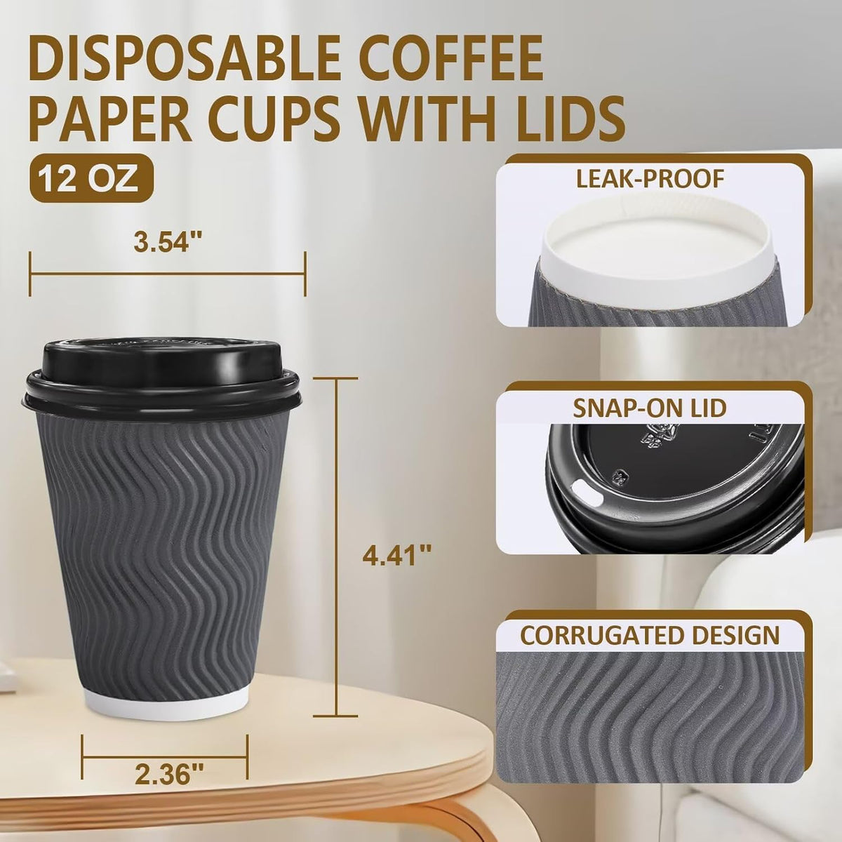 Clawsoff 100 Pack 12 oz Coffee Cups with Lids Disposable Paper Cups Gray