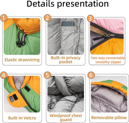 Down Sleeping Bag with Pillow for Adults and Teens