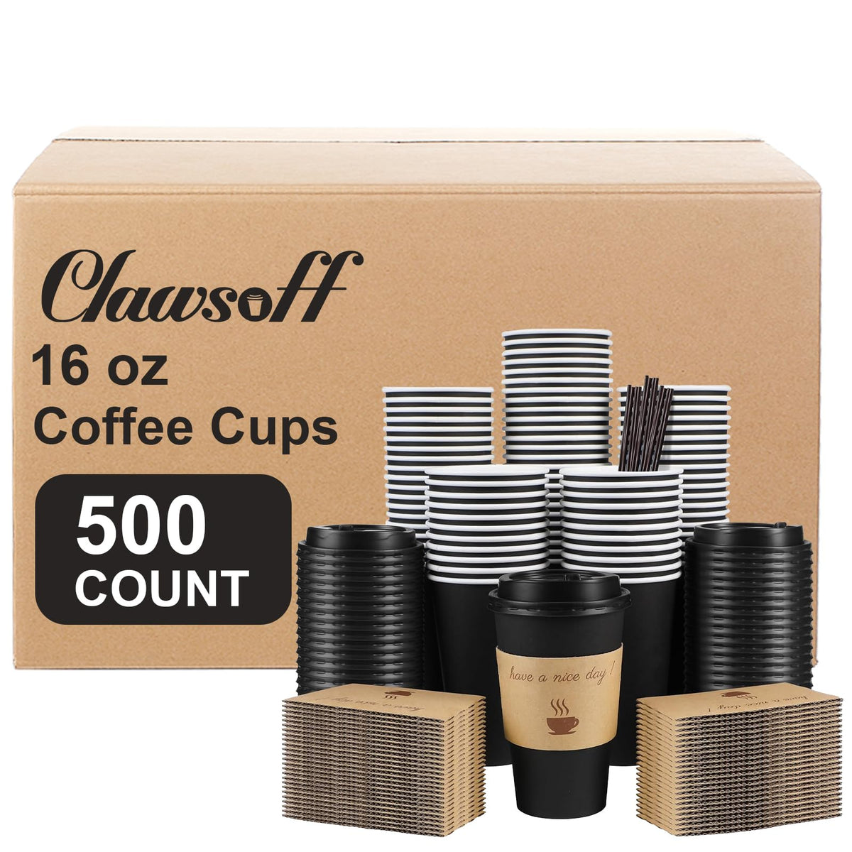 Clawsoff 100 Pack 16 oz Disposable Paper Coffee Cups with Lids(Black)