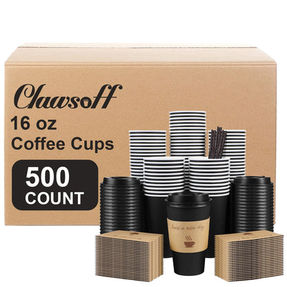 Clawsoff 100 Pack 16 oz Disposable Paper Coffee Cups with Lids(Black)