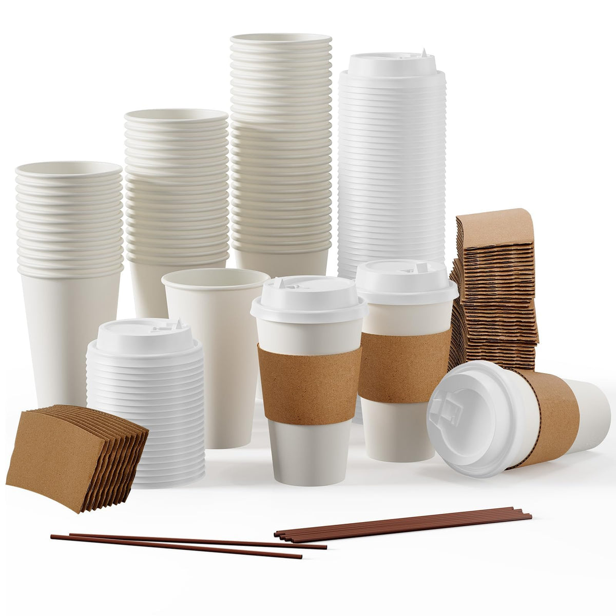 JOLLY PARTY 100 Pack 12 oz Disposable Paper Coffee Cups with Lids & Sleeves