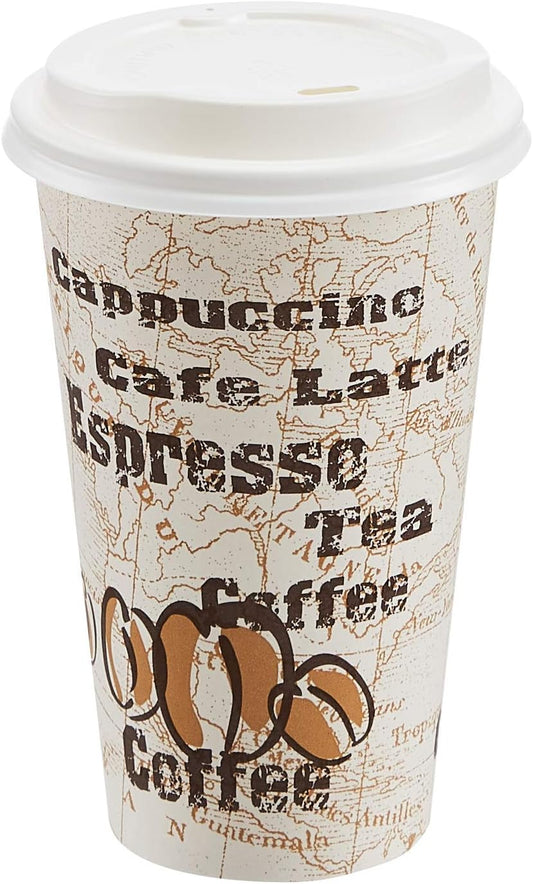Amazon Basics Disposable Hot Paper Coffee Cups with Lids, To Go, Café Design, 16 oz, 100-Count