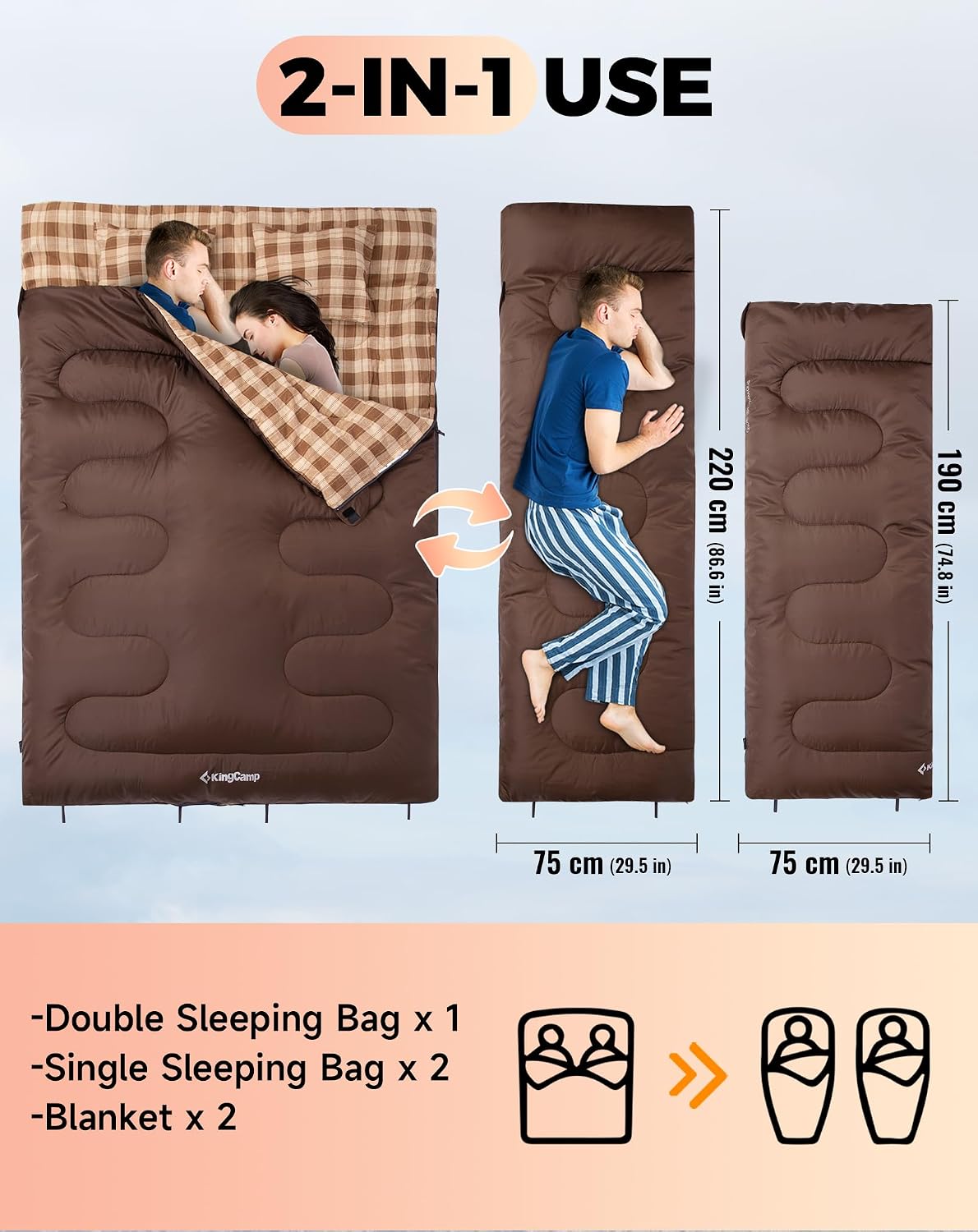 KingCamp Double Sleeping Bag for Adults, Queen Size 2 Person Sleeping Bag