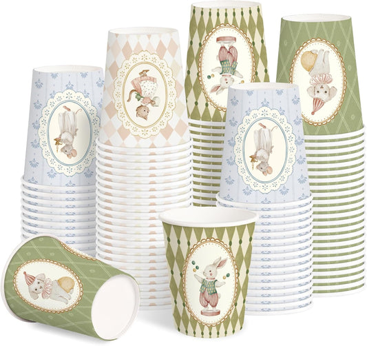 RUSPEPA 48 Pack Vintage Animal Paper Cup Set, 9oz Bunny, Kitten, Puppy and Mouse Argyle Design Disposable Party Cups for Hot/Cold Beverages, Baby Shower, Kids Birthday, Animal Theme Party Supplies