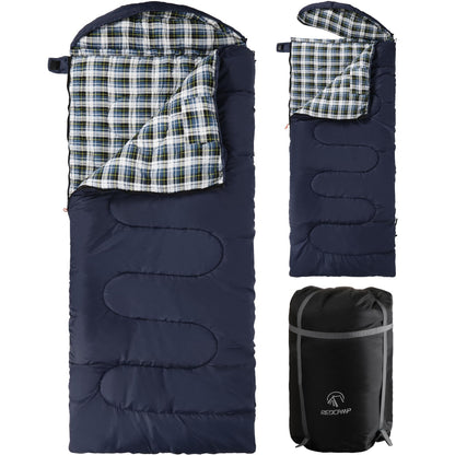 REDCAMP Flannel Sleeping Bag for Adults, Comfortable Cotton Envelope Sleeping Bags for Camping, Backpacking, Hiking, with Detachable Hood&Compression Sack, Blue/Red/Grey/Black