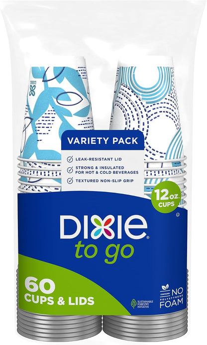 Dixie To Go Disposable Paper Cups with Leak-Resistant Lids, 12 oz, 60 Count