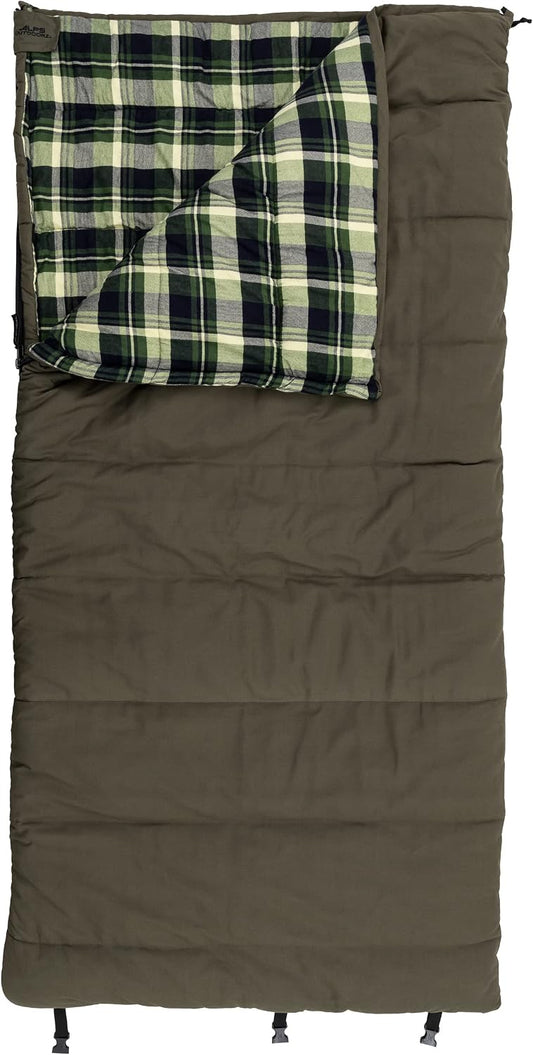 ALPS OutdoorZ Redwood -10°F Flannel-Lined Sleeping Bag with Cotton Canvas Shell, Heavy-Duty Zippers, Oversized Rectangle Design, Cold Weather Camping & Hunting Gear